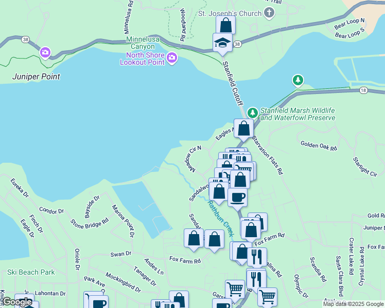 map of restaurants, bars, coffee shops, grocery stores, and more near 361 Meadow Circle North in Big Bear Lake