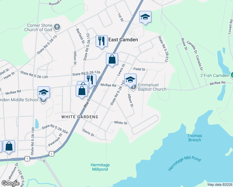 map of restaurants, bars, coffee shops, grocery stores, and more near 1531 East Lee Street in Camden