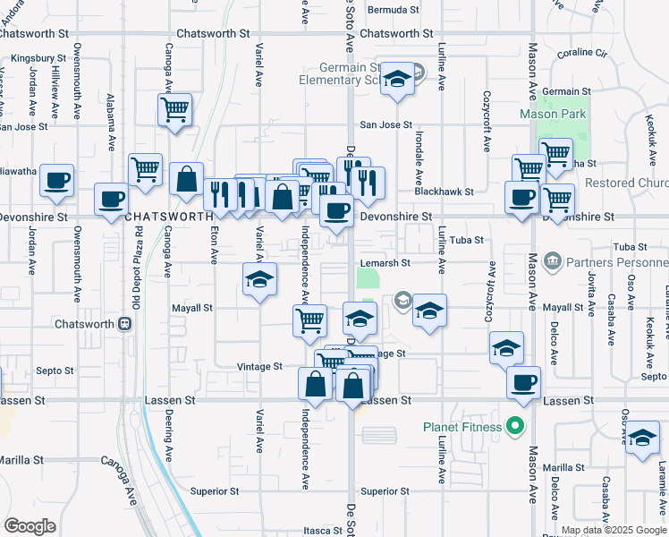 map of restaurants, bars, coffee shops, grocery stores, and more near 10155 De Soto Avenue in Los Angeles