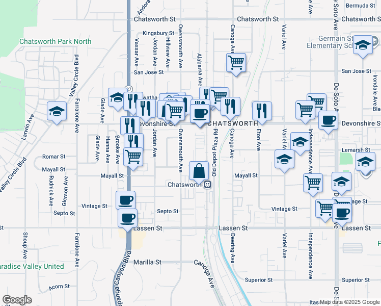 map of restaurants, bars, coffee shops, grocery stores, and more near 10207 Remmet Avenue in Los Angeles