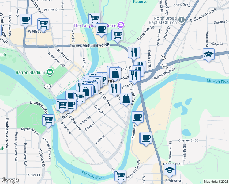 map of restaurants, bars, coffee shops, grocery stores, and more near 100 East 6th Avenue in Rome