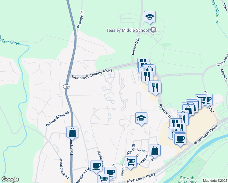 map of restaurants, bars, coffee shops, grocery stores, and more near 10110 River Ridge Drive in Canton