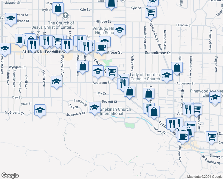 map of restaurants, bars, coffee shops, grocery stores, and more near 10236 Betty Lou Lane in Los Angeles