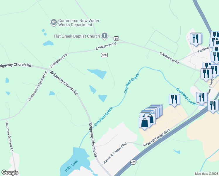 map of restaurants, bars, coffee shops, grocery stores, and more near 390 Beck Farm Road in Commerce