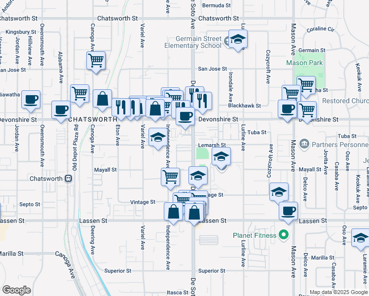 map of restaurants, bars, coffee shops, grocery stores, and more near 10155 De Soto Avenue in Los Angeles