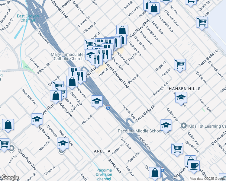 map of restaurants, bars, coffee shops, grocery stores, and more near 10176 Remick Avenue in Los Angeles