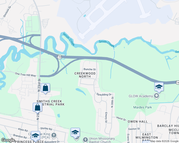 map of restaurants, bars, coffee shops, grocery stores, and more near 2604-2606 Bunche St in Wilmington