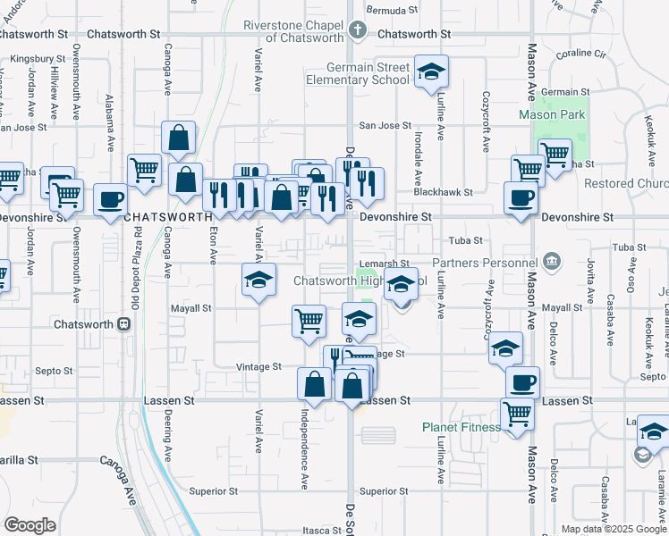 map of restaurants, bars, coffee shops, grocery stores, and more near 10159 De Soto Avenue in Los Angeles