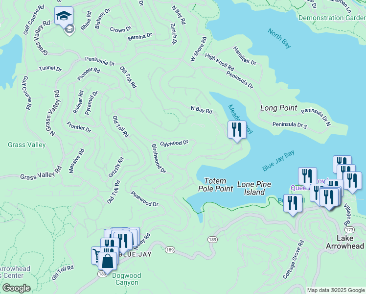 map of restaurants, bars, coffee shops, grocery stores, and more near 27491 Oakwood Drive in Lake Arrowhead