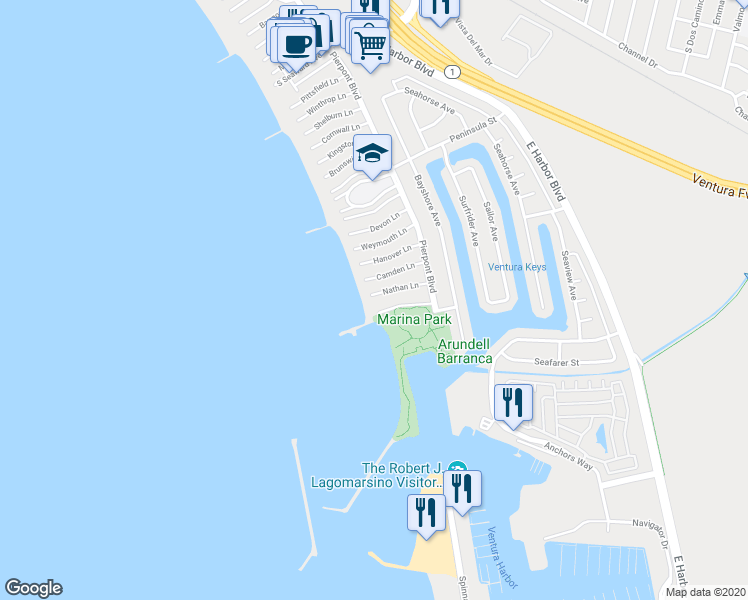 map of restaurants, bars, coffee shops, grocery stores, and more near 1448 Nathan Lane in Ventura