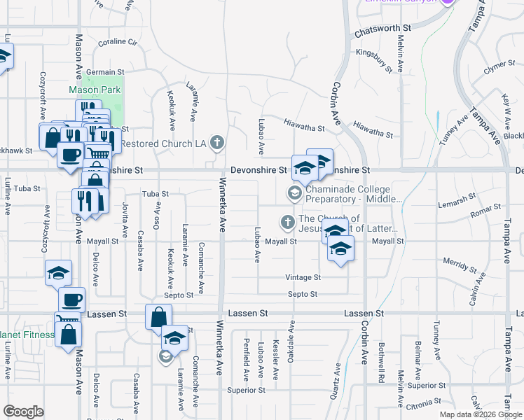 map of restaurants, bars, coffee shops, grocery stores, and more near 19954 Lemarsh Street in Los Angeles