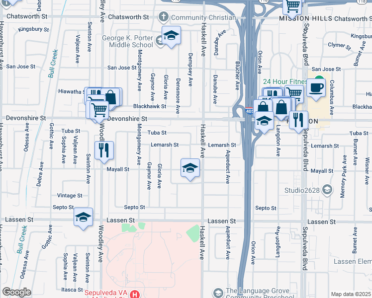 map of restaurants, bars, coffee shops, grocery stores, and more near 10201 Dempsey Avenue in Los Angeles