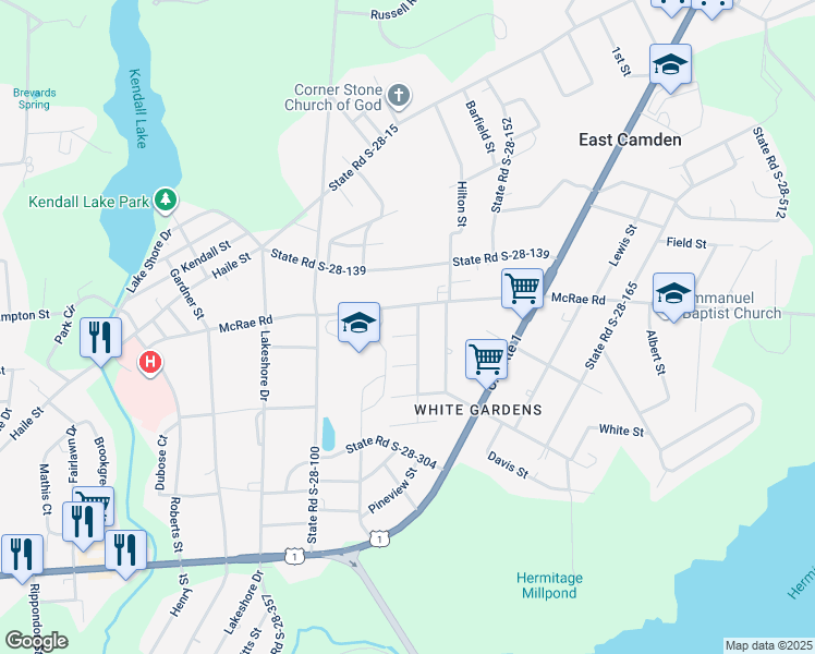 map of restaurants, bars, coffee shops, grocery stores, and more near 1008 McRae Road in Camden