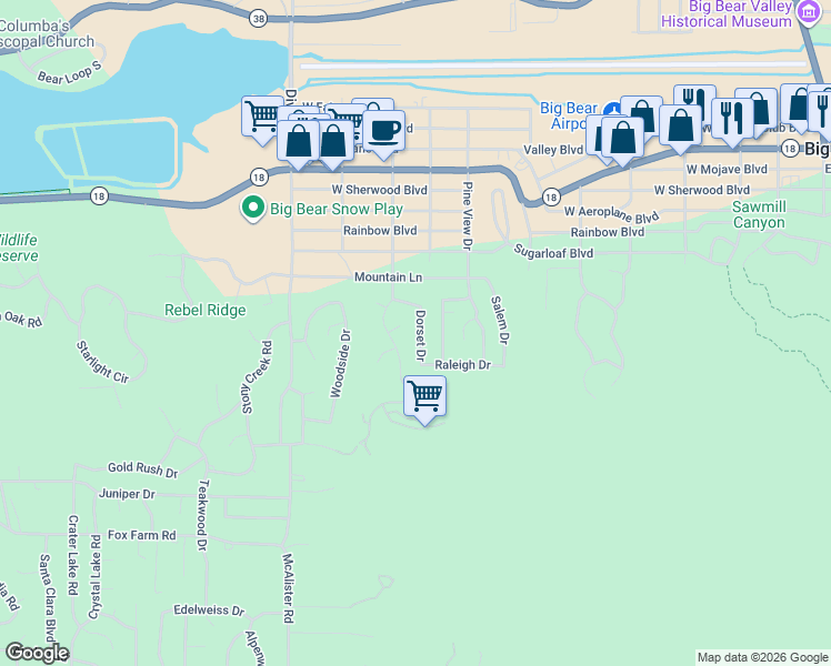 map of restaurants, bars, coffee shops, grocery stores, and more near 427 Dorset Drive in Big Bear