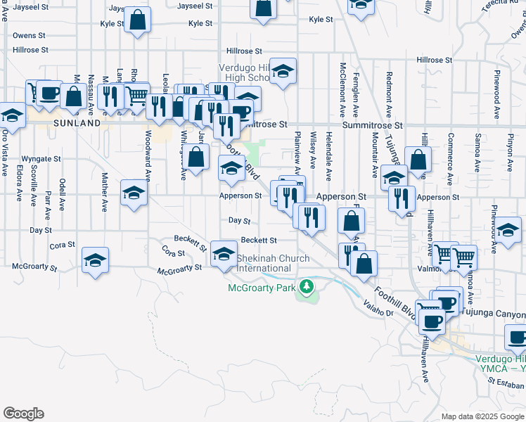 map of restaurants, bars, coffee shops, grocery stores, and more near 10236 Betty Lou Lane in Los Angeles