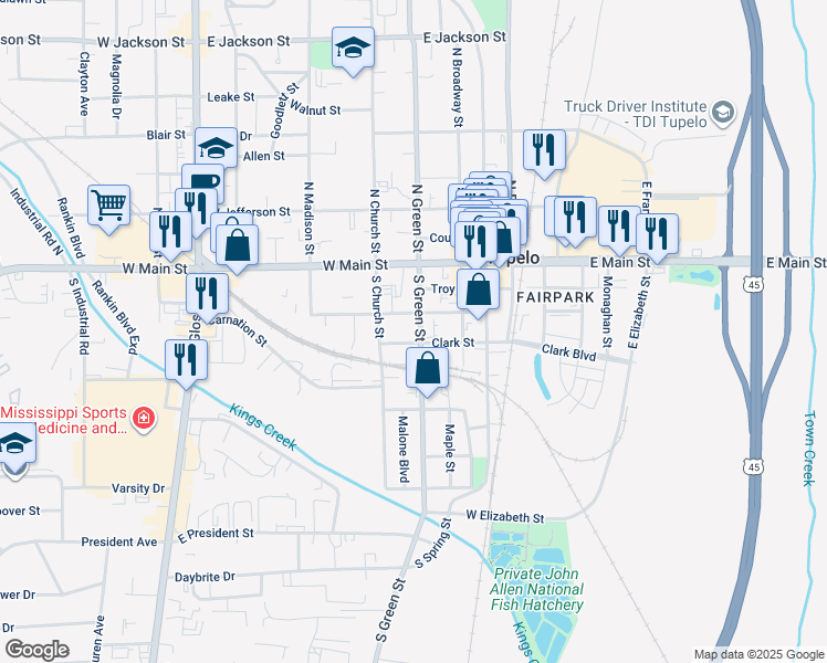 map of restaurants, bars, coffee shops, grocery stores, and more near 151 South Green Street in Tupelo
