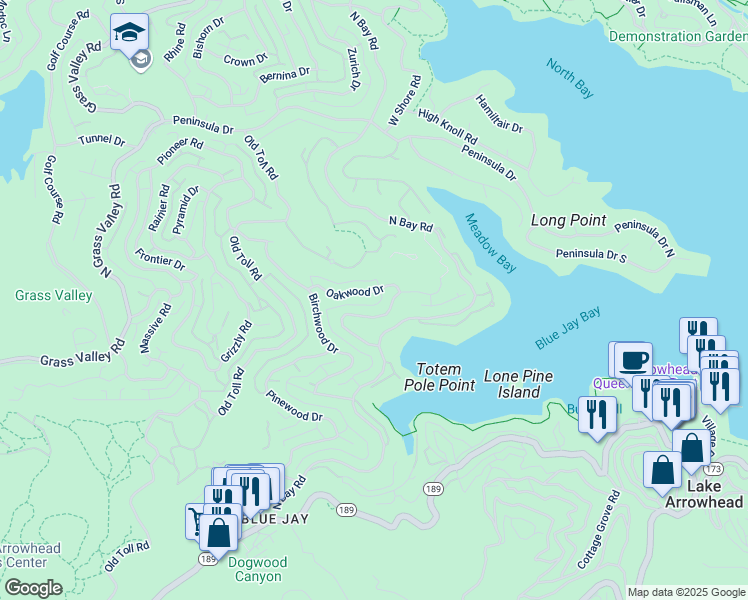 map of restaurants, bars, coffee shops, grocery stores, and more near 27491 Oakwood Drive in Lake Arrowhead