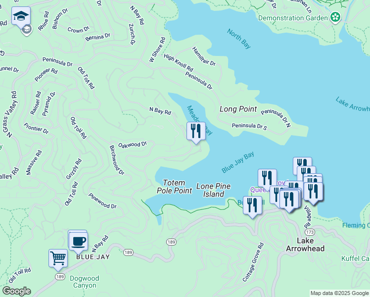map of restaurants, bars, coffee shops, grocery stores, and more near 27492 Cedarwood Drive in Lake Arrowhead