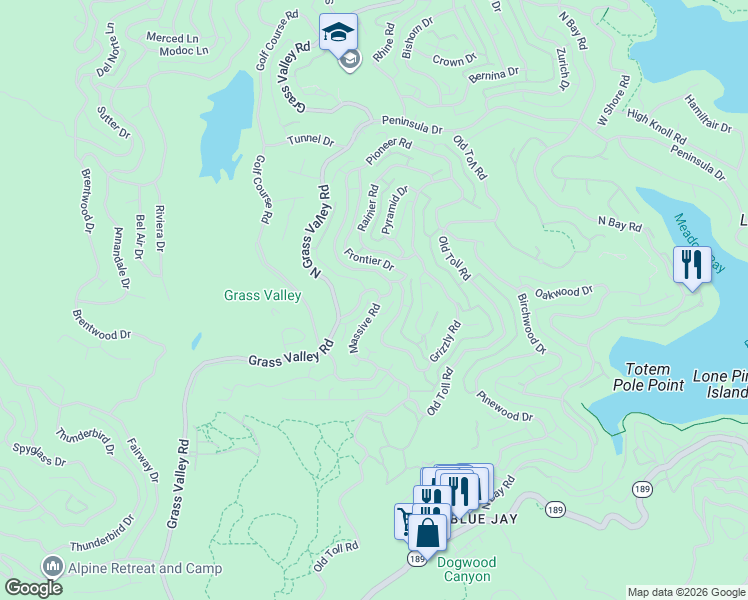 map of restaurants, bars, coffee shops, grocery stores, and more near 296 Massive Road in Lake Arrowhead