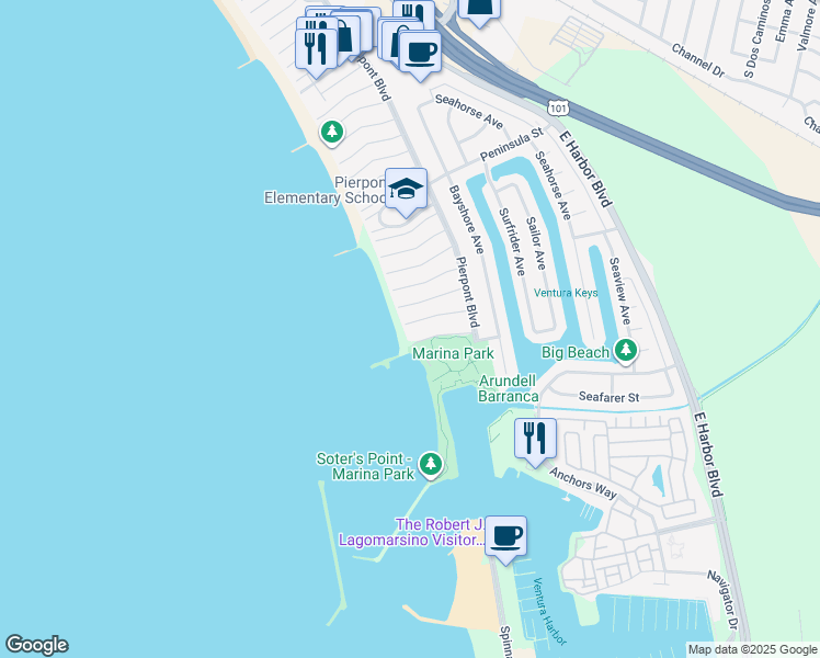 map of restaurants, bars, coffee shops, grocery stores, and more near 1448 Nathan Lane in Ventura