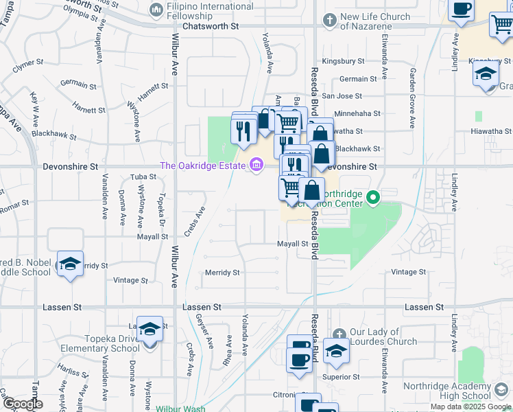 map of restaurants, bars, coffee shops, grocery stores, and more near 18633 Lemarsh Street in Los Angeles