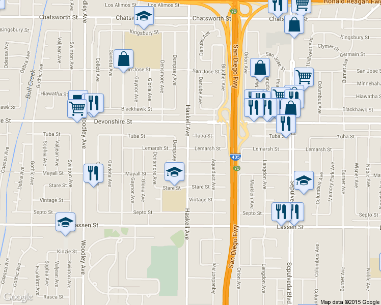 map of restaurants, bars, coffee shops, grocery stores, and more near 15758 Lemarsh Street in Los Angeles