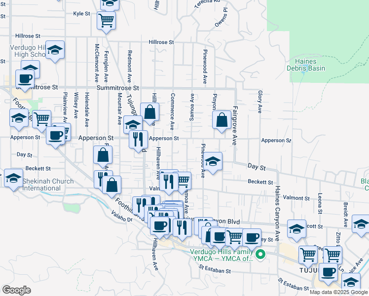 map of restaurants, bars, coffee shops, grocery stores, and more near 10243 Samoa Avenue in Los Angeles