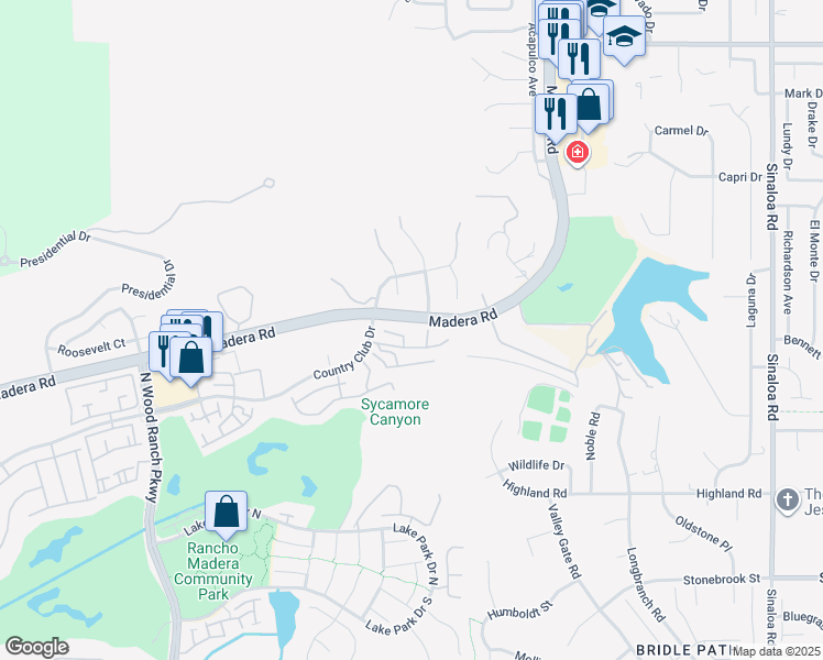 map of restaurants, bars, coffee shops, grocery stores, and more near 125 Macademia Lane in Simi Valley