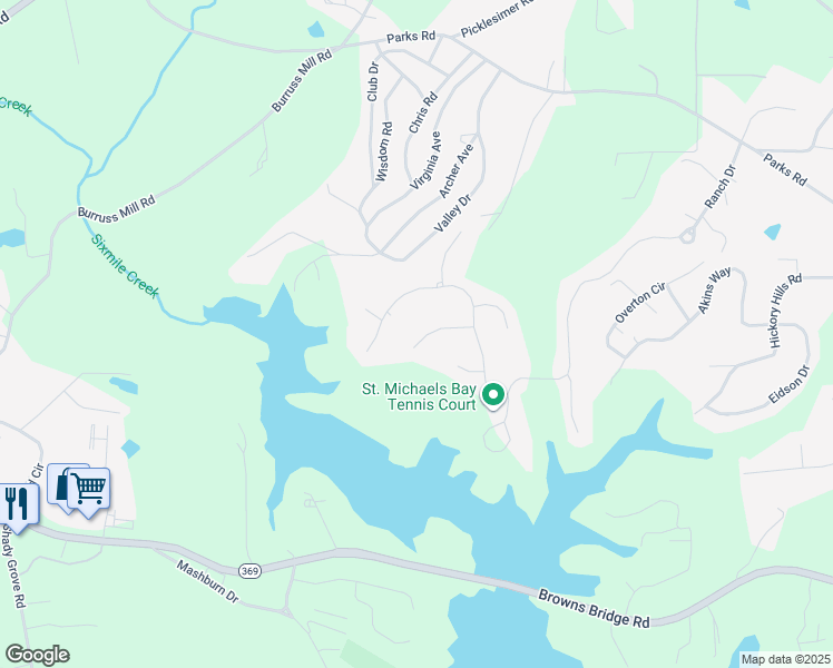 map of restaurants, bars, coffee shops, grocery stores, and more near 6360 Sterling Shores Drive in Cumming