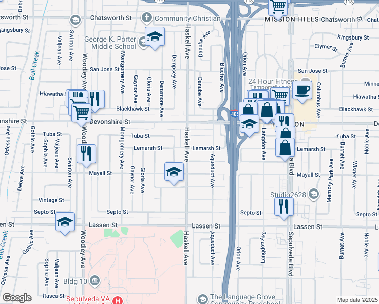 map of restaurants, bars, coffee shops, grocery stores, and more near 15758 Lemarsh Street in Los Angeles