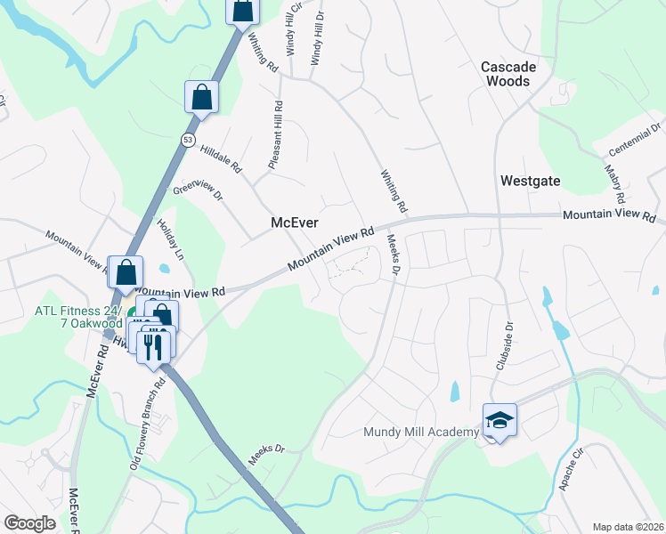 map of restaurants, bars, coffee shops, grocery stores, and more near 3645 Mountain View Road in Gainesville