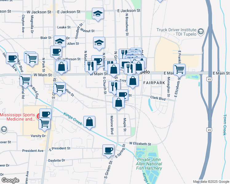 map of restaurants, bars, coffee shops, grocery stores, and more near 151 South Green Street in Tupelo