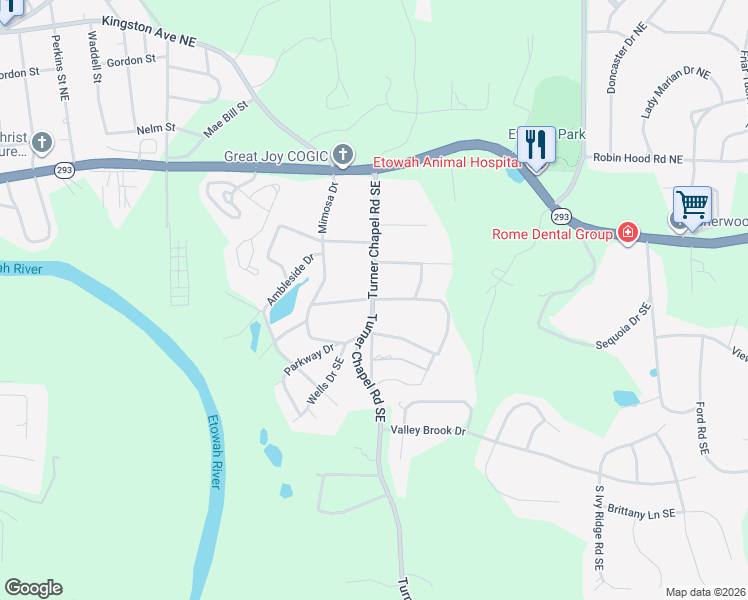 map of restaurants, bars, coffee shops, grocery stores, and more near 115 Turner Chapel Road Southeast in Rome