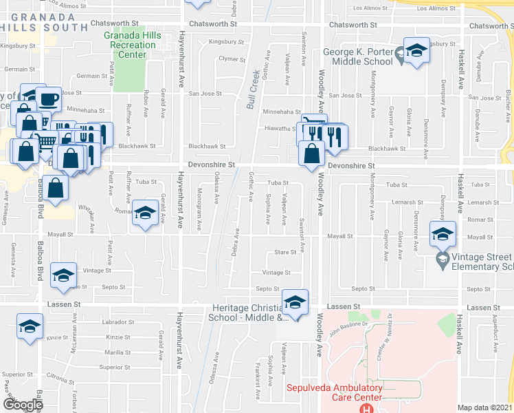 map of restaurants, bars, coffee shops, grocery stores, and more near 10148 Gothic Avenue in Los Angeles