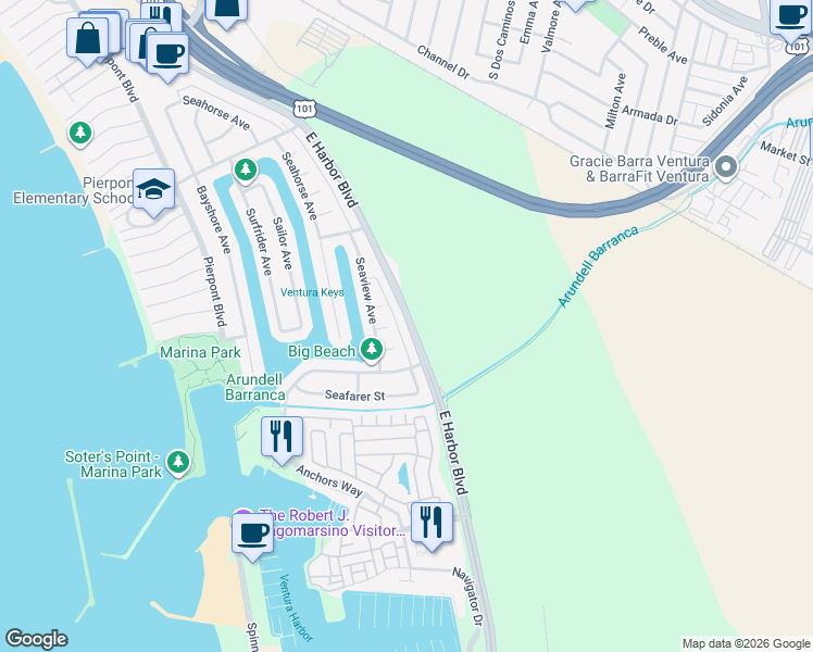 map of restaurants, bars, coffee shops, grocery stores, and more near 3077 East Harbor Boulevard in Ventura