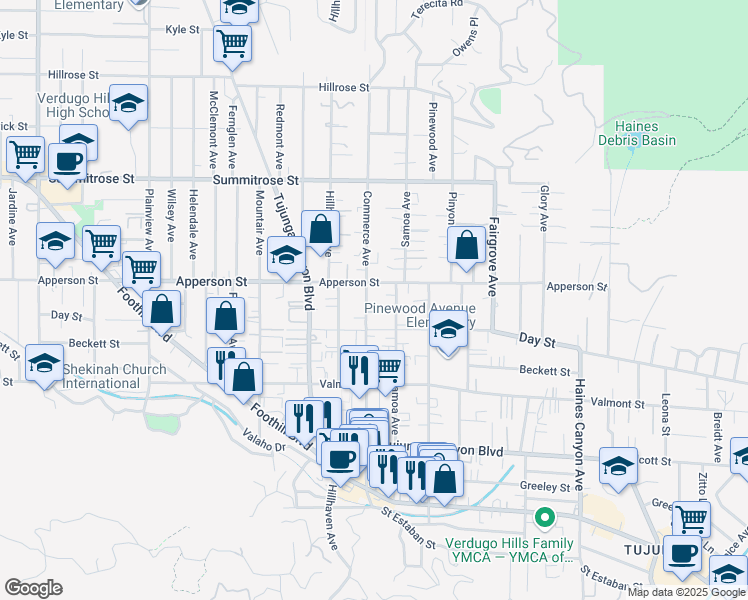 map of restaurants, bars, coffee shops, grocery stores, and more near 10240 Commerce Avenue in Los Angeles