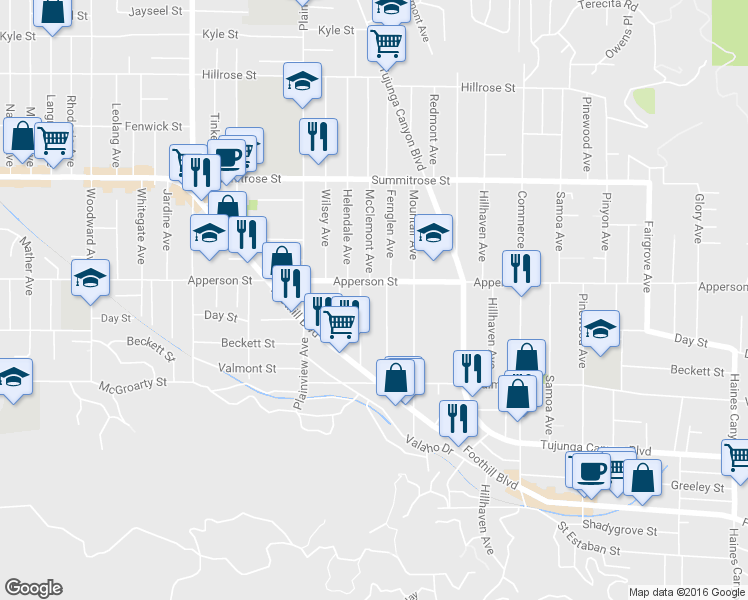 map of restaurants, bars, coffee shops, grocery stores, and more near 10242 Fernglen Avenue in Los Angeles