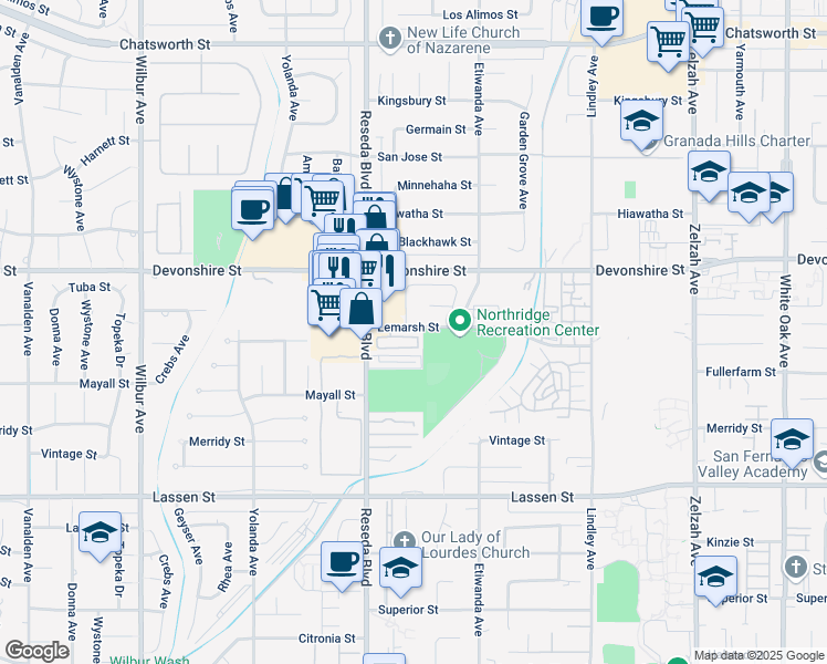 map of restaurants, bars, coffee shops, grocery stores, and more near 10170 Canby Avenue in Los Angeles