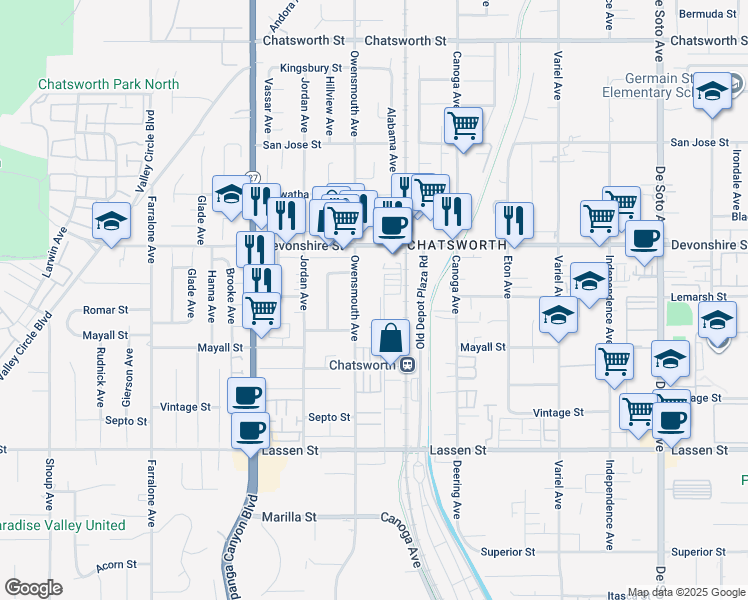 map of restaurants, bars, coffee shops, grocery stores, and more near 10207 Remmet Avenue in Los Angeles