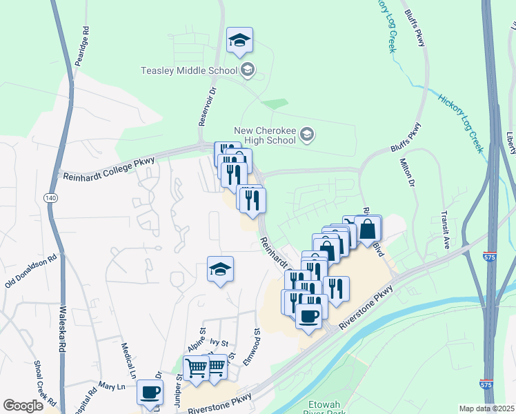 map of restaurants, bars, coffee shops, grocery stores, and more near 145 Reinhardt College Pkwy in Canton
