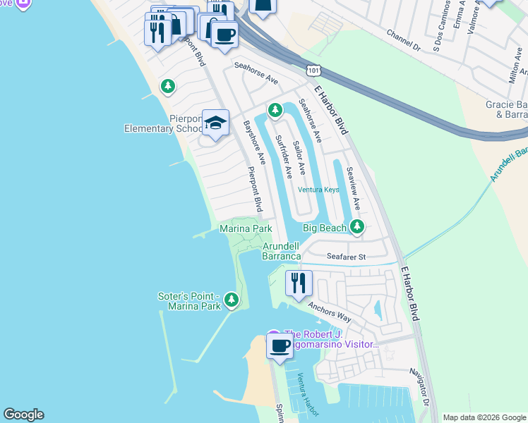 map of restaurants, bars, coffee shops, grocery stores, and more near 2885 Pierpont Boulevard in Ventura