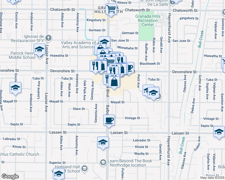 map of restaurants, bars, coffee shops, grocery stores, and more near 10152 Balboa Blvd in Los Angeles