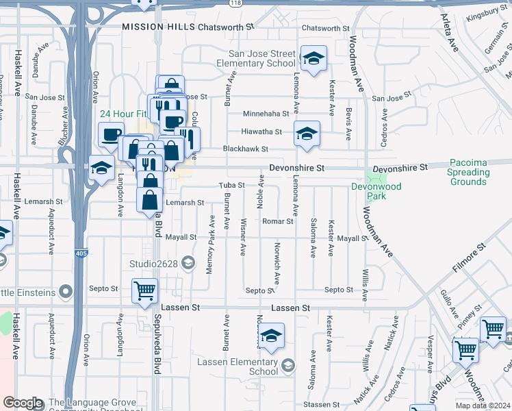 map of restaurants, bars, coffee shops, grocery stores, and more near 10157 Noble Avenue in Los Angeles