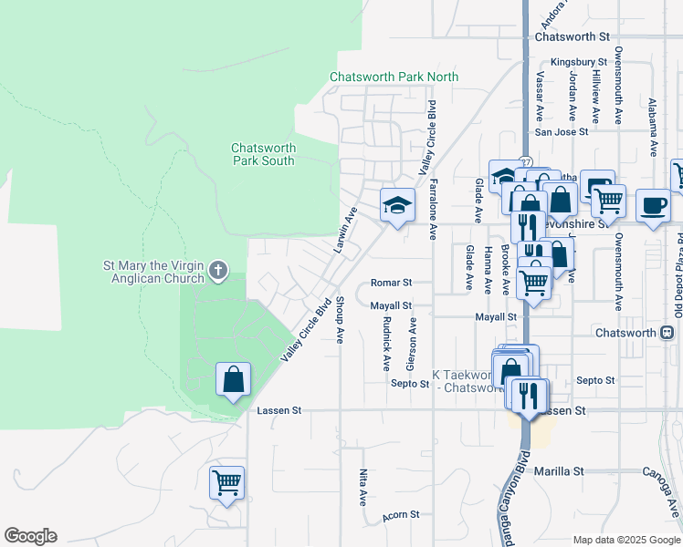 map of restaurants, bars, coffee shops, grocery stores, and more near 10201 Valley Circle Boulevard in Los Angeles