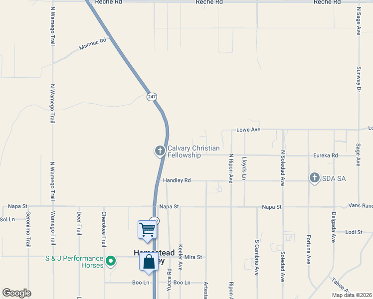 map of restaurants, bars, coffee shops, grocery stores, and more near 56224 Eureka Road in Yucca Valley