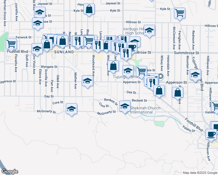 map of restaurants, bars, coffee shops, grocery stores, and more near 10243 Whitegate Avenue in Los Angeles