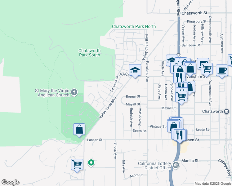map of restaurants, bars, coffee shops, grocery stores, and more near 10201 Valley Circle Boulevard in Los Angeles