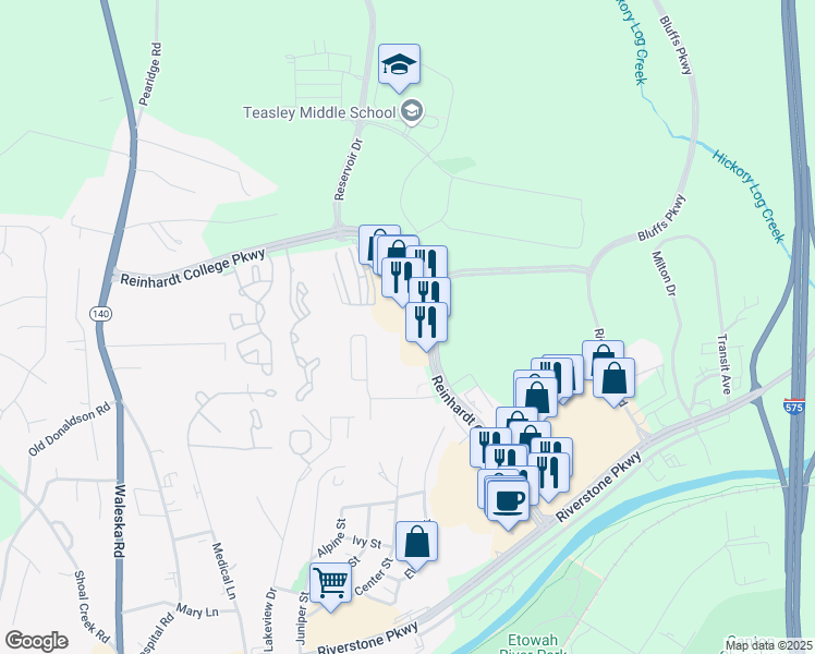 map of restaurants, bars, coffee shops, grocery stores, and more near 135 Riverstone Terrace in Canton