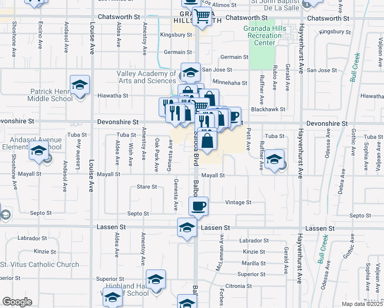 map of restaurants, bars, coffee shops, grocery stores, and more near 10155 Balboa Boulevard in Los Angeles