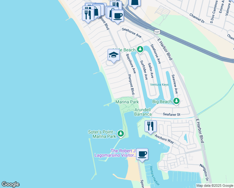 map of restaurants, bars, coffee shops, grocery stores, and more near 1424 Nathan Lane in Ventura